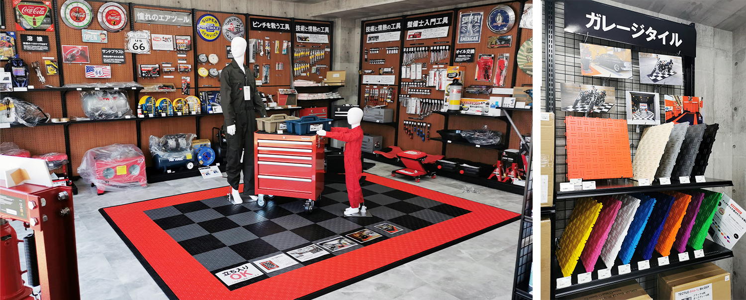 ガレージ タイルのバイクショールーム　床 フロアタイル